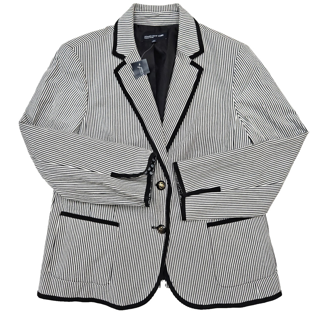 Jones New York Seersucker Academia Blazer Size 16 Black Pencil Stripes NEW